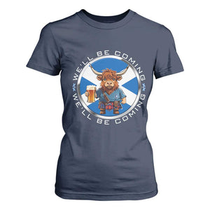 Funny Highland Cow in Kilt Drinking T Shirt For Women We'll Be Coming Scottish Pride Football Fans TS02 Navy Print Your Wear