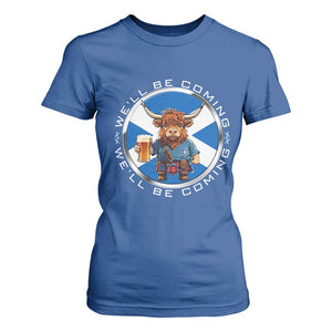 Funny Highland Cow in Kilt Drinking T Shirt For Women We'll Be Coming Scottish Pride Football Fans TS02 Royal Blue Print Your Wear