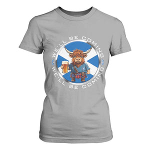Funny Highland Cow in Kilt Drinking T Shirt For Women We'll Be Coming Scottish Pride Football Fans TS02 Sport Gray Print Your Wear