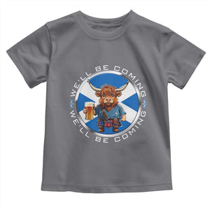 Funny Highland Cow in Kilt Drinking Toddler T Shirt We'll Be Coming Scottish Pride Football Fans TS02 Charcoal Print Your Wear