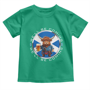 Funny Highland Cow in Kilt Drinking Toddler T Shirt We'll Be Coming Scottish Pride Football Fans TS02 Irish Green Print Your Wear