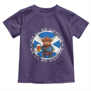 Funny Highland Cow in Kilt Drinking Toddler T Shirt We'll Be Coming Scottish Pride Football Fans TS02 Purple Print Your Wear
