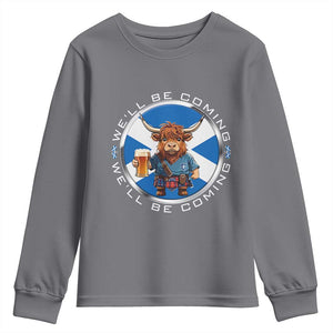 Funny Highland Cow in Kilt Drinking Youth Sweatshirt We'll Be Coming Scottish Pride Football Fans TS02 Charcoal Print Your Wear