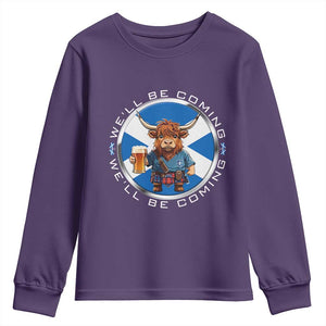 Funny Highland Cow in Kilt Drinking Youth Sweatshirt We'll Be Coming Scottish Pride Football Fans TS02 Purple Print Your Wear
