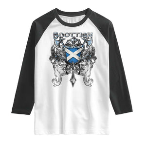 Scottish Heritage Crest Gothic Raglan Shirt Medieval Flag and Sword Celtic Pride TS02 White Black Print Your Wear