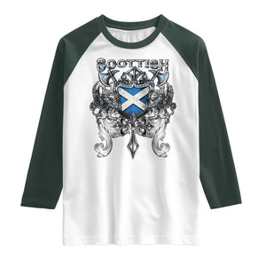 Scottish Heritage Crest Gothic Raglan Shirt Medieval Flag and Sword Celtic Pride TS02 White Dark Forest Green Print Your Wear