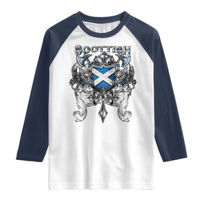 Scottish Heritage Crest Gothic Raglan Shirt Medieval Flag and Sword Celtic Pride TS02 White Navy Print Your Wear