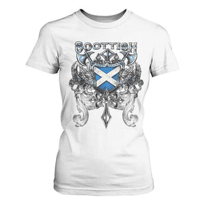 Scottish Heritage Crest Gothic T Shirt For Women Medieval Flag and Sword Celtic Pride TS02 White Print Your Wear