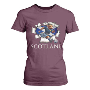 Funny Highland Cow in Kilt Footballer T Shirt For Women We'll Be Coming Scottish Pride Football Fans TS02 Maroon Print Your Wear