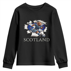 Funny Highland Cow in Kilt Footballer Youth Sweatshirt We'll Be Coming Scottish Pride Football Fans TS02 Black Print Your Wear