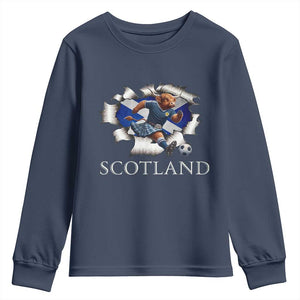 Funny Highland Cow in Kilt Footballer Youth Sweatshirt We'll Be Coming Scottish Pride Football Fans TS02 Navy Print Your Wear