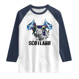 Roaring Scottish Lion Crest Raglan Shirt Thistle Scotland Flag Emblem for Brave Highlanders TS02 White Navy Print Your Wear