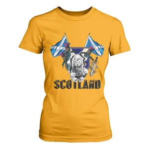 Roaring Scottish Lion Crest T Shirt For Women Thistle Scotland Flag Emblem for Brave Highlanders TS02 Gold Print Your Wear