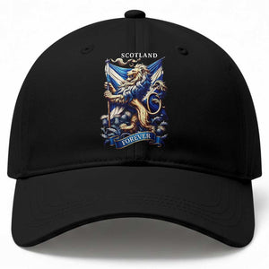 Scotland Forever Majestic Lion Rampant Holding Saltire Flag With Thistles Graphic Baseball Cap