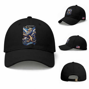 Scotland Forever Majestic Lion Rampant Holding Saltire Flag With Thistles Graphic Baseball Cap