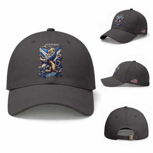 Scotland Forever Majestic Lion Rampant Holding Saltire Flag With Thistles Graphic Baseball Cap