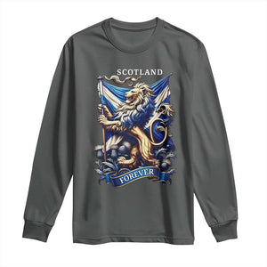 Scotland Forever Majestic Lion Rampant Holding Saltire Flag With Thistles Graphic Long Sleeve Shirt