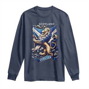 Scotland Forever Majestic Lion Rampant Holding Saltire Flag With Thistles Graphic Long Sleeve Shirt