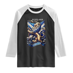 Scotland Forever Majestic Lion Rampant Holding Saltire Flag With Thistles Graphic Raglan Shirt