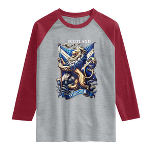 Scotland Forever Majestic Lion Rampant Holding Saltire Flag With Thistles Graphic Raglan Shirt