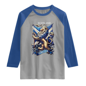Scotland Forever Majestic Lion Rampant Holding Saltire Flag With Thistles Graphic Raglan Shirt