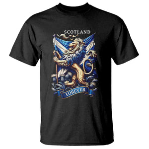 Scotland Forever Majestic Lion Rampant Holding Saltire Flag With Thistles Graphic T Shirt