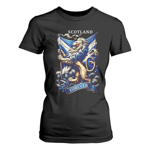 Scotland Forever Majestic Lion Rampant Holding Saltire Flag With Thistles Graphic T Shirt For Women