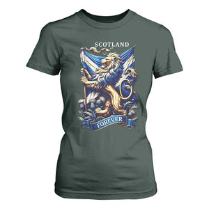 Scotland Forever Majestic Lion Rampant Holding Saltire Flag With Thistles Graphic T Shirt For Women