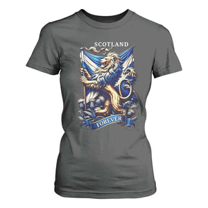 Scotland Forever Majestic Lion Rampant Holding Saltire Flag With Thistles Graphic T Shirt For Women