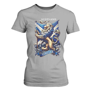 Scotland Forever Majestic Lion Rampant Holding Saltire Flag With Thistles Graphic T Shirt For Women