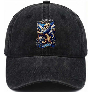 Scotland Forever Majestic Lion Rampant Holding Saltire Flag With Thistles Graphic Washed Cotton Baseball Cap