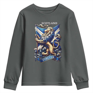 Scotland Forever Majestic Lion Rampant Holding Saltire Flag With Thistles Graphic Youth Sweatshirt