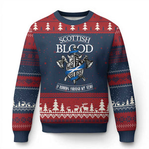Scottish Blood Running Through My Veins Ugly Christmas Sweater Viking Axe and Sword Heritage TS02 Navy Red Print Your Wear