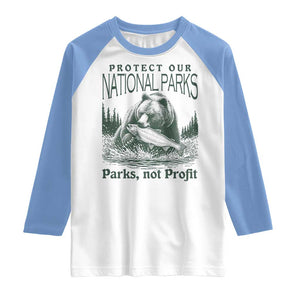 Protect Our National Parks Raglan Shirt Parks Not Profits Retro Bear Nature Graphic TS02 White Carolina Blue Print Your Wear