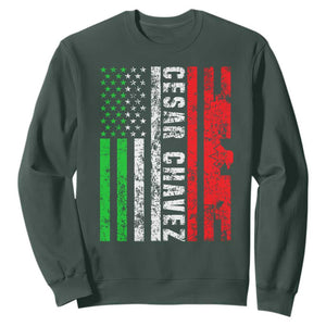 Cesar Chavez Sweatshirt American Mexican Flag Patriotic Mexico Distressed TS02 Dark Forest Green Print Your Wear