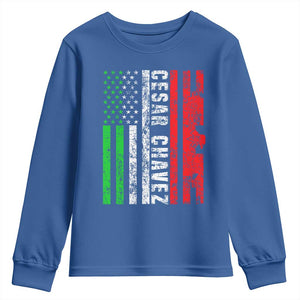 Cesar Chavez Youth Sweatshirt American Mexican Flag Patriotic Mexico Distressed TS02 Royal Blue Print Your Wear