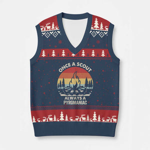 Funny Scout V-Neck Knit Sweater Vest Once A Scout Always A Pyromaniac Adventure Retro TS02 Navy Red Print Your Wear