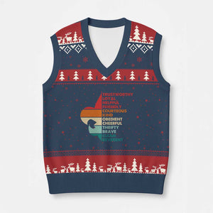 Retro Scout Law Values V-Neck Knit Sweater Vest Vintage Fleur-de-Lis TS02 Navy Red Print Your Wear