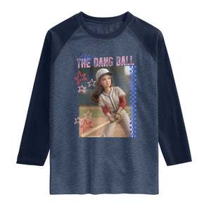 Hit The Dang Ball Funny Doll Baseball Graphic Raglan Shirt Sassy Sports Fan Gift TS02 Heather Denim Navy Print Your Wear