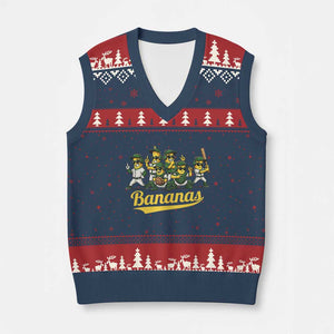 Cool Bananas Squad Playing Baseball Graphic V-Neck Knit Sweater Vest for Sports Fans Entertainment TS02 Navy Red Print Your Wear
