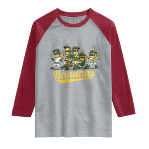 Cool Bananas Squad Playing Baseball Graphic Raglan Shirt for Sports Fans Entertainment TS02 Heather Gray Heather Red Print Your Wear