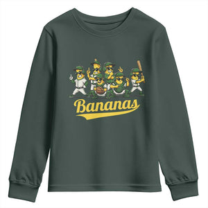 Cool Bananas Squad Playing Baseball Graphic Youth Sweatshirt for Sports Fans Entertainment TS02 Dark Forest Green Print Your Wear