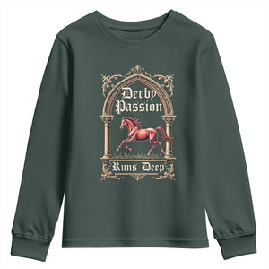 Derby Passion Runs Deep Elegant Horse Racing Youth Sweatshirt Vintage Gothic Arch Equestrian Thoroughbred Lover TS02 Dark Forest Green Print Your Wear