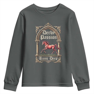 Derby Passion Runs Deep Elegant Horse Racing Youth Sweatshirt Vintage Gothic Arch Equestrian Thoroughbred Lover TS02 Dark Heather Print Your Wear