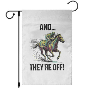 And They’re Off Colorful Horse Racing Sketch Garden Flag Jockey and Thoroughbred Sprinting Race Day TS02 White Print Your Wear