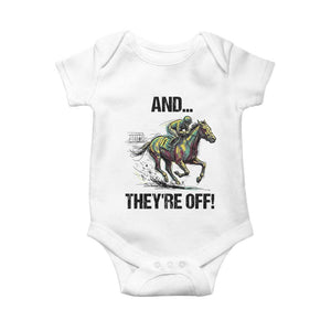 And They’re Off Colorful Horse Racing Sketch Baby Onesie Jockey and Thoroughbred Sprinting Race Day TS02 White Print Your Wear