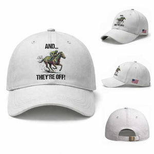 And They’re Off Colorful Horse Racing Sketch Baseball Cap Jockey and Thoroughbred Sprinting Race Day TS02 Baseball Cap Universal Fit White Print Your Wear