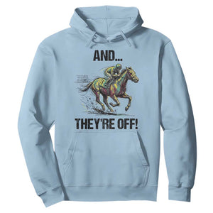 And They’re Off Colorful Horse Racing Sketch Hoodie Jockey and Thoroughbred Sprinting Race Day TS02 Light Blue Print Your Wear