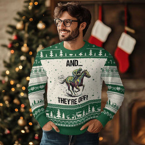 And They’re Off Colorful Horse Racing Sketch Ugly Christmas Sweater Jockey and Thoroughbred Sprinting Race Day TS02 Beige Green Print Your Wear