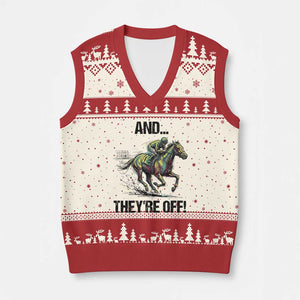 And They’re Off Colorful Horse Racing Sketch V-Neck Knit Sweater Vest Jockey and Thoroughbred Sprinting Race Day TS02 Beige Red Print Your Wear